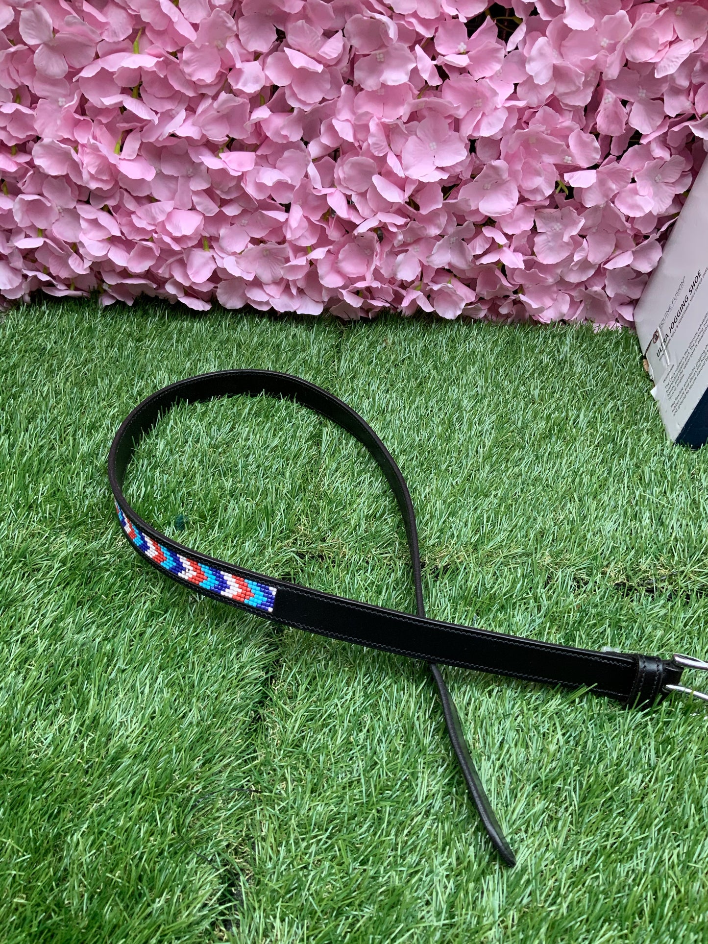 Colourful black soft leather belt in size 10/12