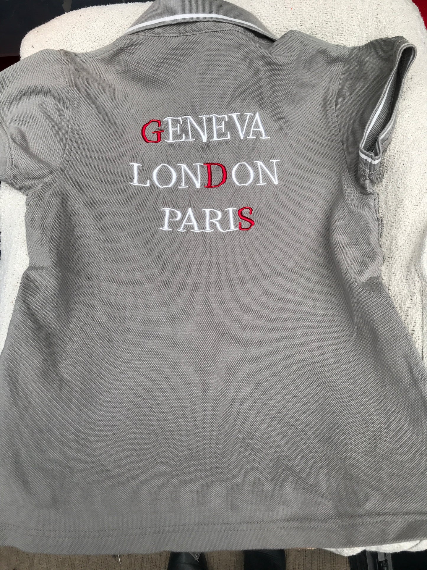 Equi-Thème beige and red and white and navy blue polo t-shirt size 6/8 FREE POSTAGE