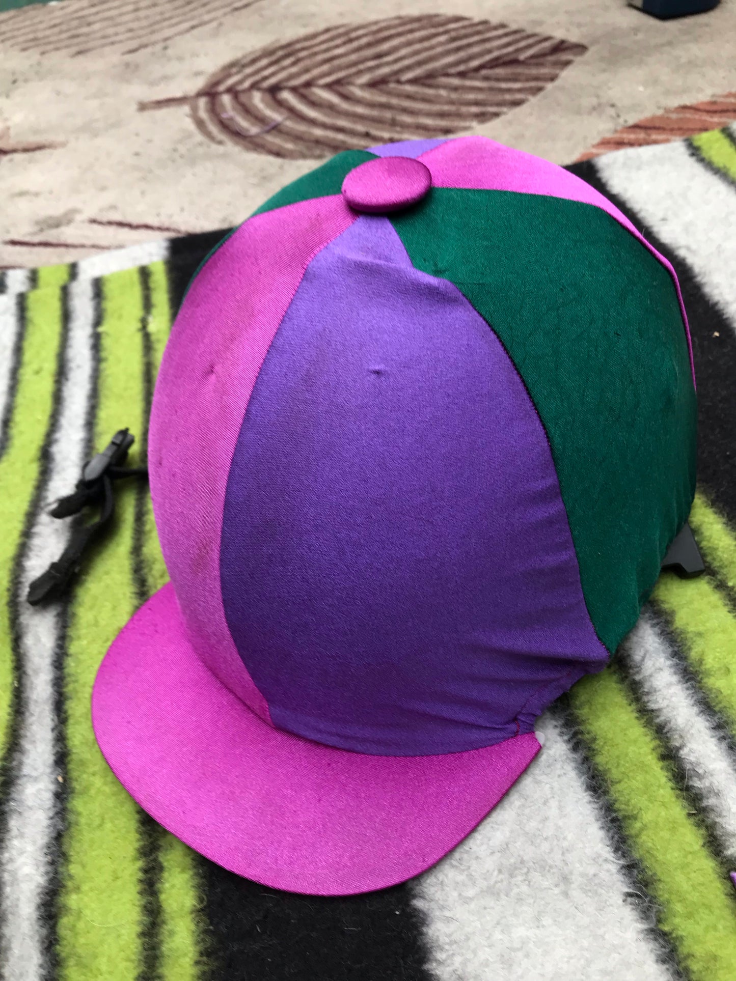 purple pink and green hat silk