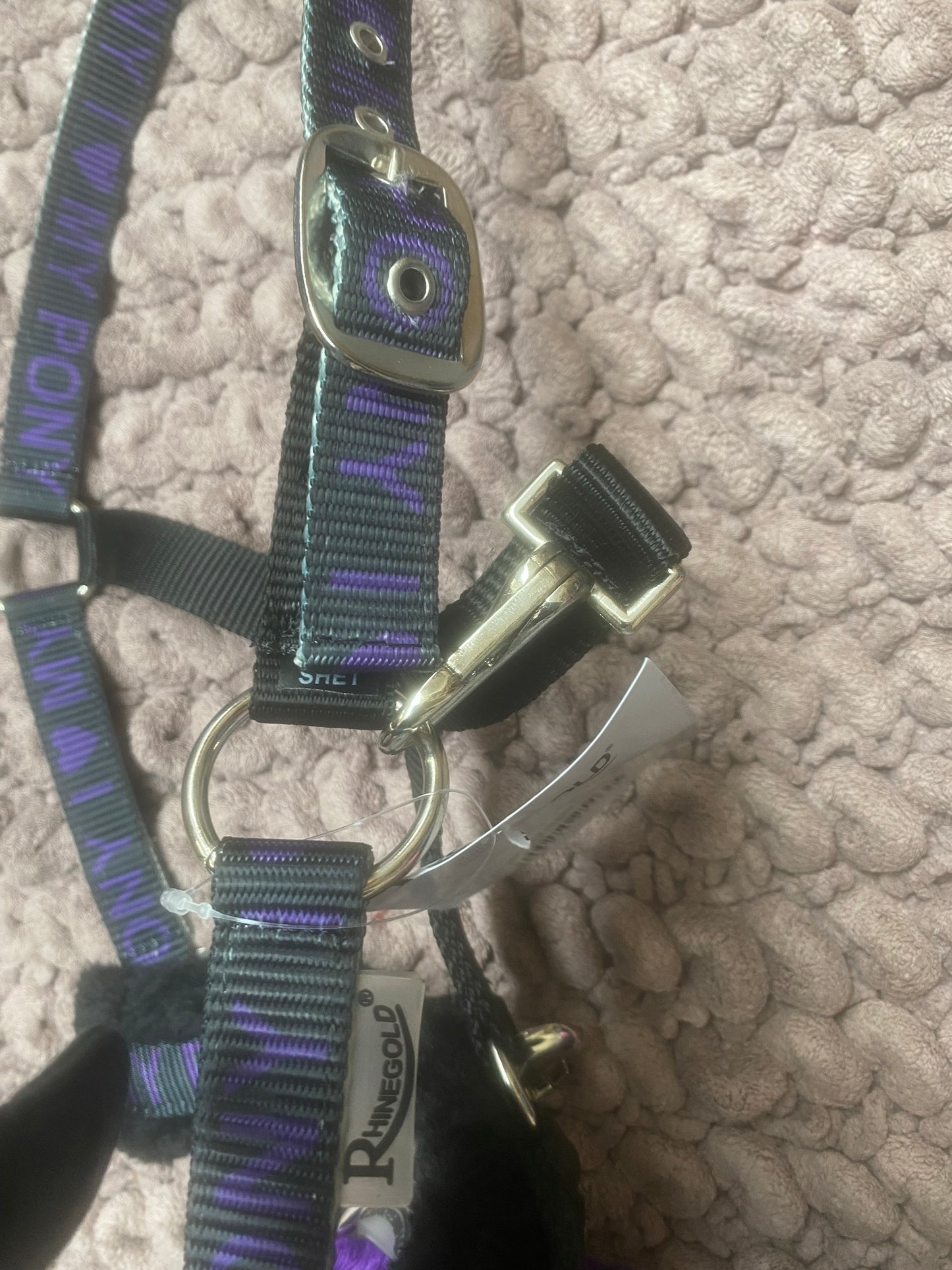 New purple and black fleece lined I love my pony head collars