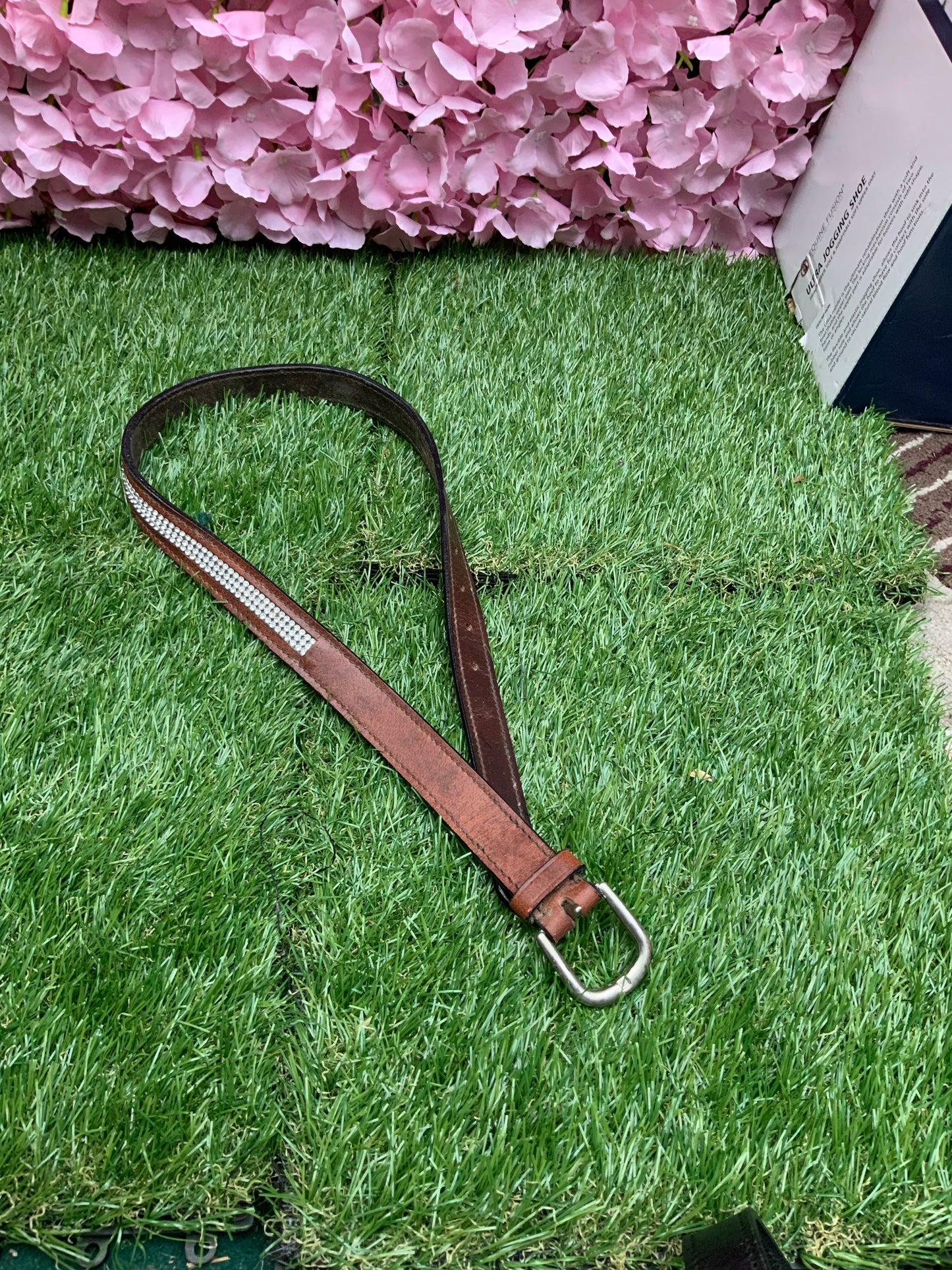 Brown soft leather pink Blingy belt in the size 10