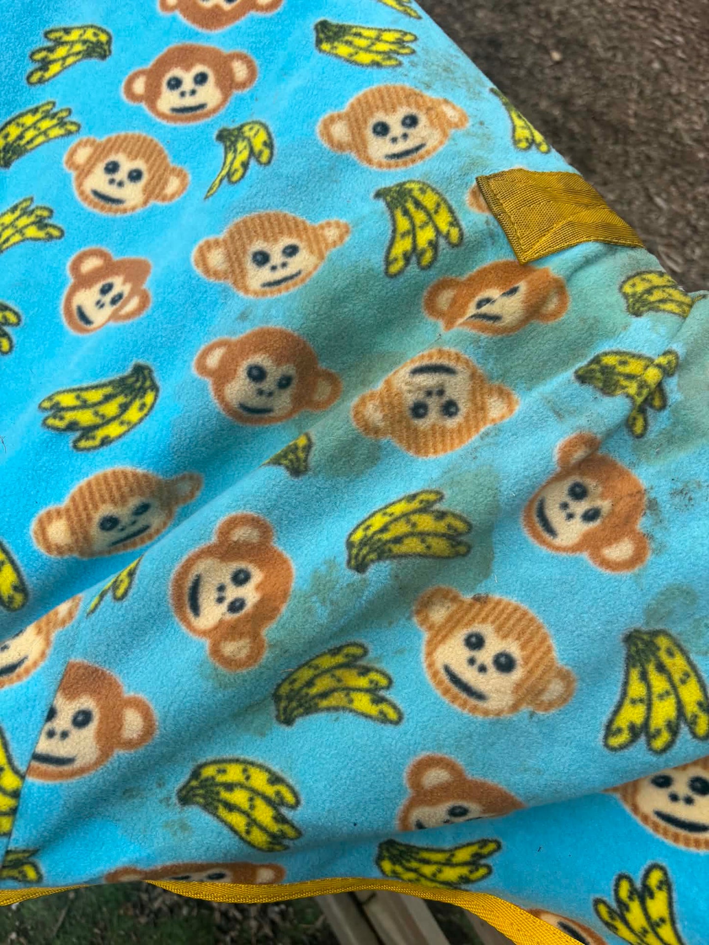 Ponyo blue and yellow monkey and banana fleece rug with detachable neck
