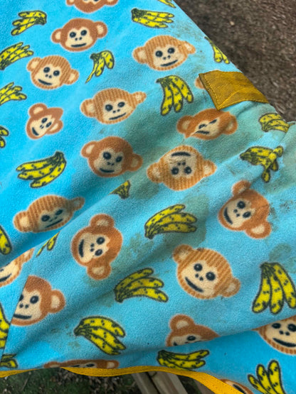 Ponyo blue and yellow monkey and banana fleece rug with detachable neck