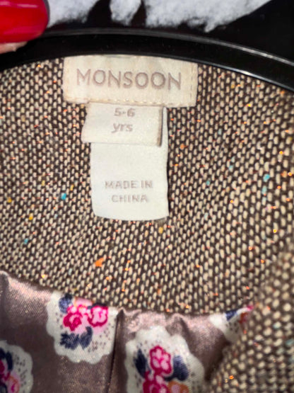 Monsoon brown age 5/6 tweed jacket with matching blue tie, button hole and bobble bows