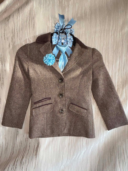 Monsoon brown age 5/6 tweed jacket with matching blue tie, button hole and bobble bows