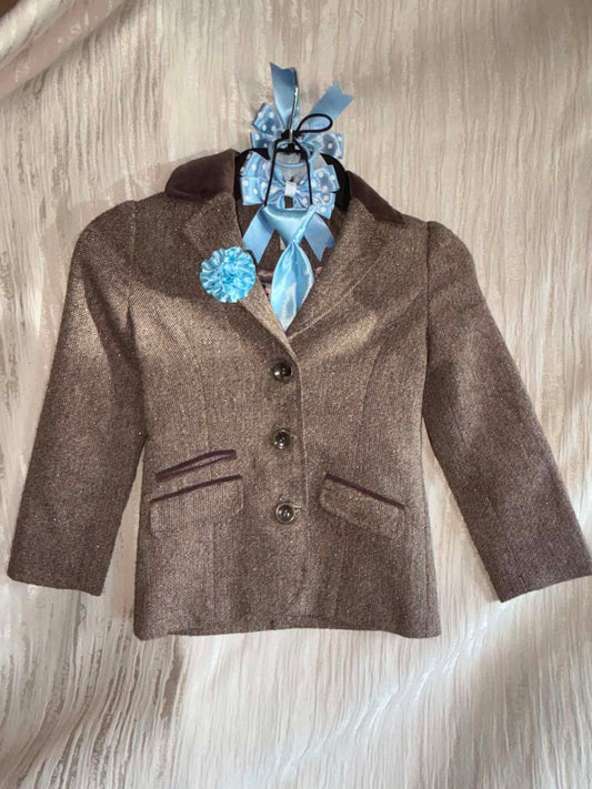 Monsoon brown age 5/6 tweed jacket with matching blue tie, button hole and bobble bows