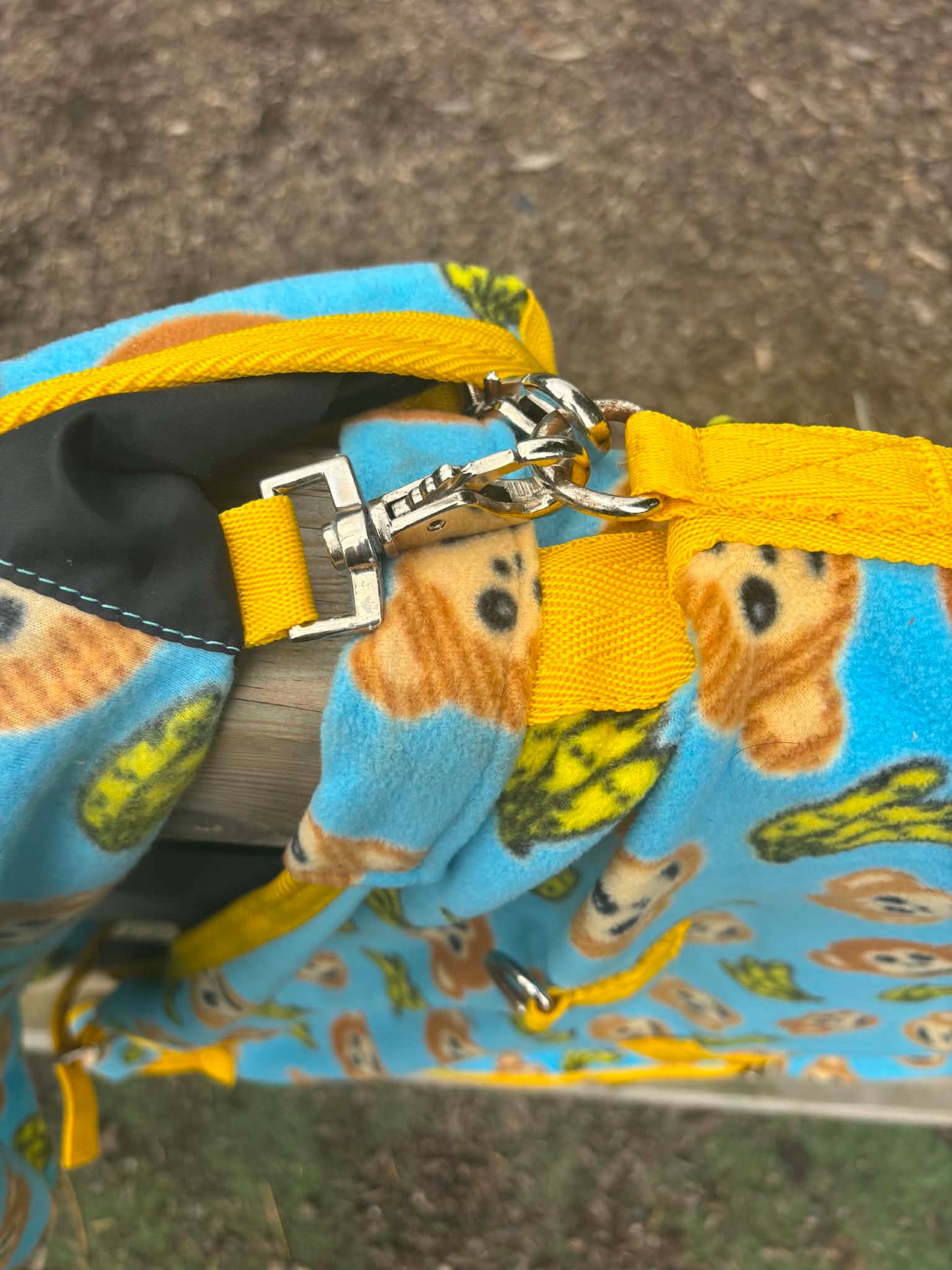 Ponyo blue and yellow monkey and banana fleece rug with detachable neck
