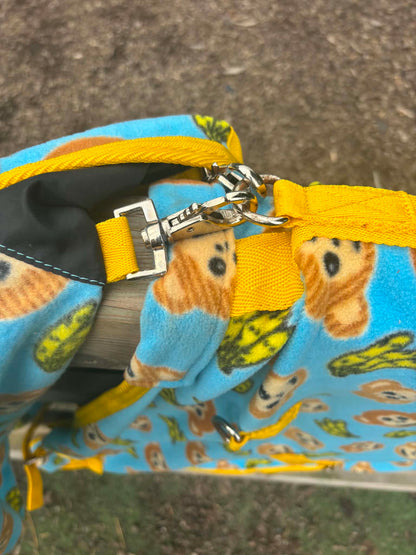 Ponyo blue and yellow monkey and banana fleece rug with detachable neck