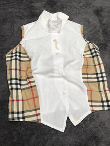 Sleeveless beige checked shirt size: 28”chest - approximately 4-5 years (FREE POSTAGE)